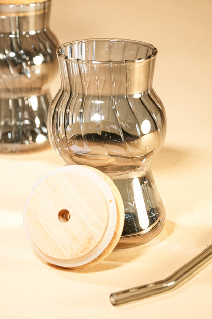 Smoke Wave Glass Tumbler with Wooden Lid & Glass Straw Set of 2 (480ml)