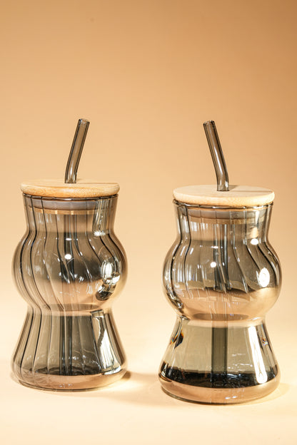 Smoke Wave Glass Tumbler with Wooden Lid & Glass Straw Set of 2 (480ml)