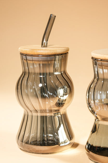Smoke Wave Glass Tumbler with Wooden Lid & Glass Straw Set of 2 (480ml)
