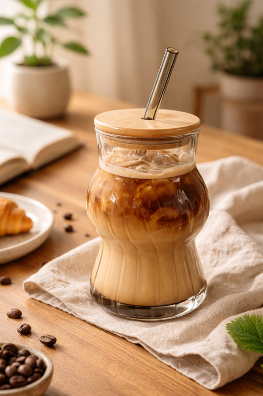 Smoke Wave Glass Tumbler with Wooden Lid & Glass Straw Set of 2 (480ml)