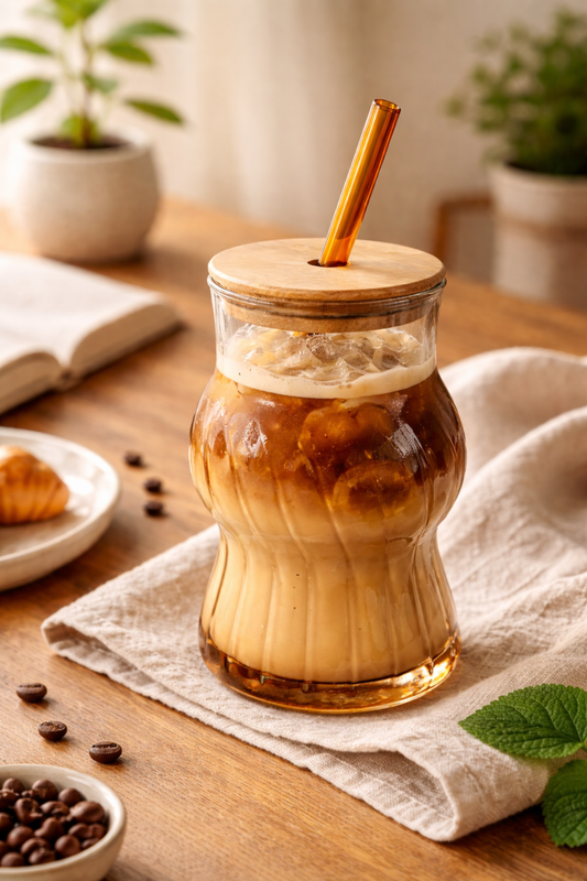 Amber Wave Glass Tumbler with Wooden Lid & Glass Straw Set of 2 (480ml)