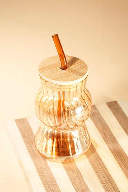 Amber Wave Glass Tumbler with Wooden Lid & Glass Straw Set of 2 (480ml)
