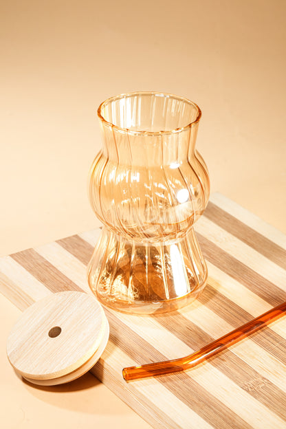 Amber Wave Glass Tumbler with Wooden Lid & Glass Straw Set of 2 (480ml)
