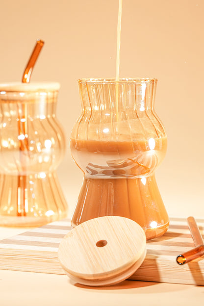 Amber Wave Glass Tumbler with Wooden Lid & Glass Straw Set of 2 (480ml)