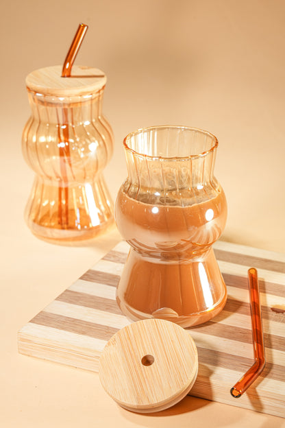 Amber Wave Glass Tumbler with Wooden Lid & Glass Straw Set of 2 (480ml)