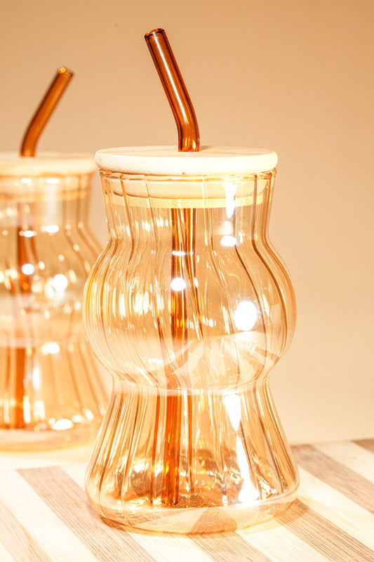 Amber Wave Glass Tumbler with Wooden Lid & Glass Straw Set of 2 (480ml)