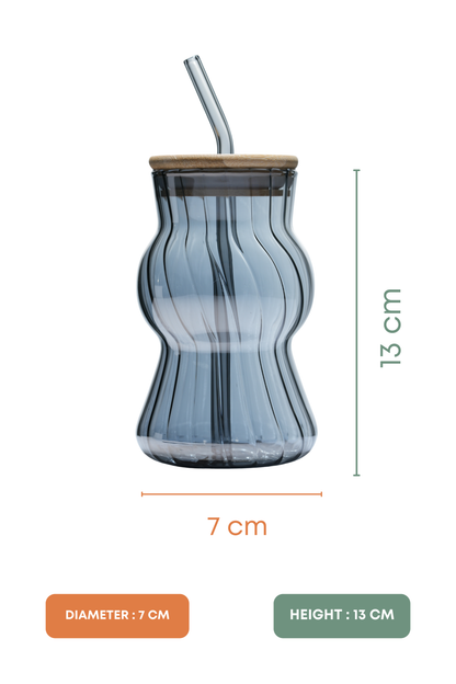Smoke Wave Glass Tumbler with Wooden Lid & Glass Straw Set of 2 (480ml)