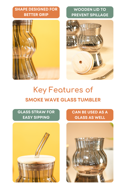 Smoke Wave Glass Tumbler with Wooden Lid & Glass Straw Set of 2 (480ml)