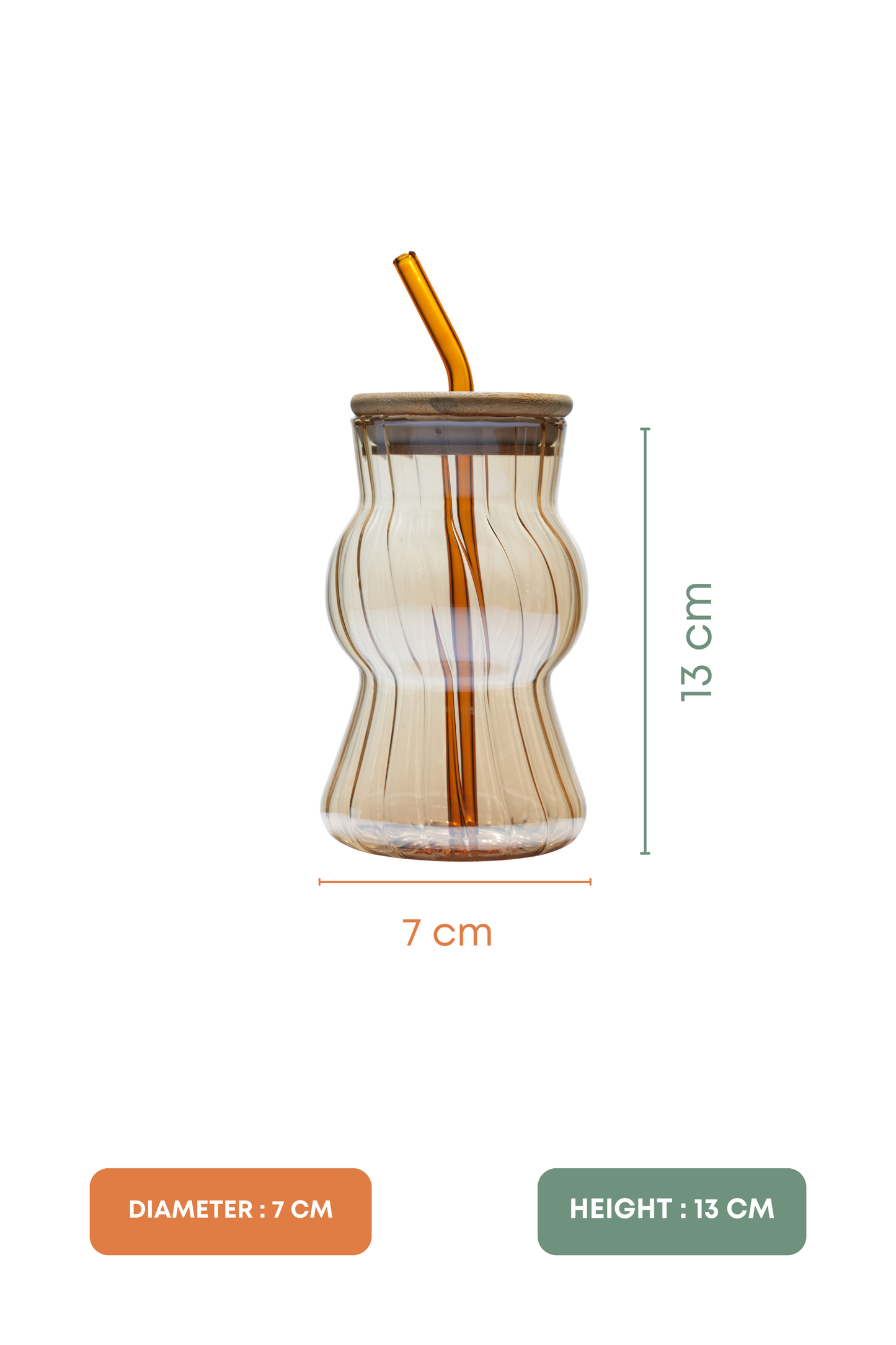 Amber Wave Glass Tumbler with Wooden Lid & Glass Straw Set of 2 (480ml)