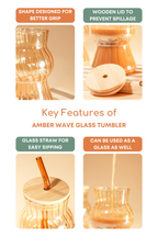 Amber Wave Glass Tumbler with Wooden Lid & Glass Straw Set of 2 (480ml)