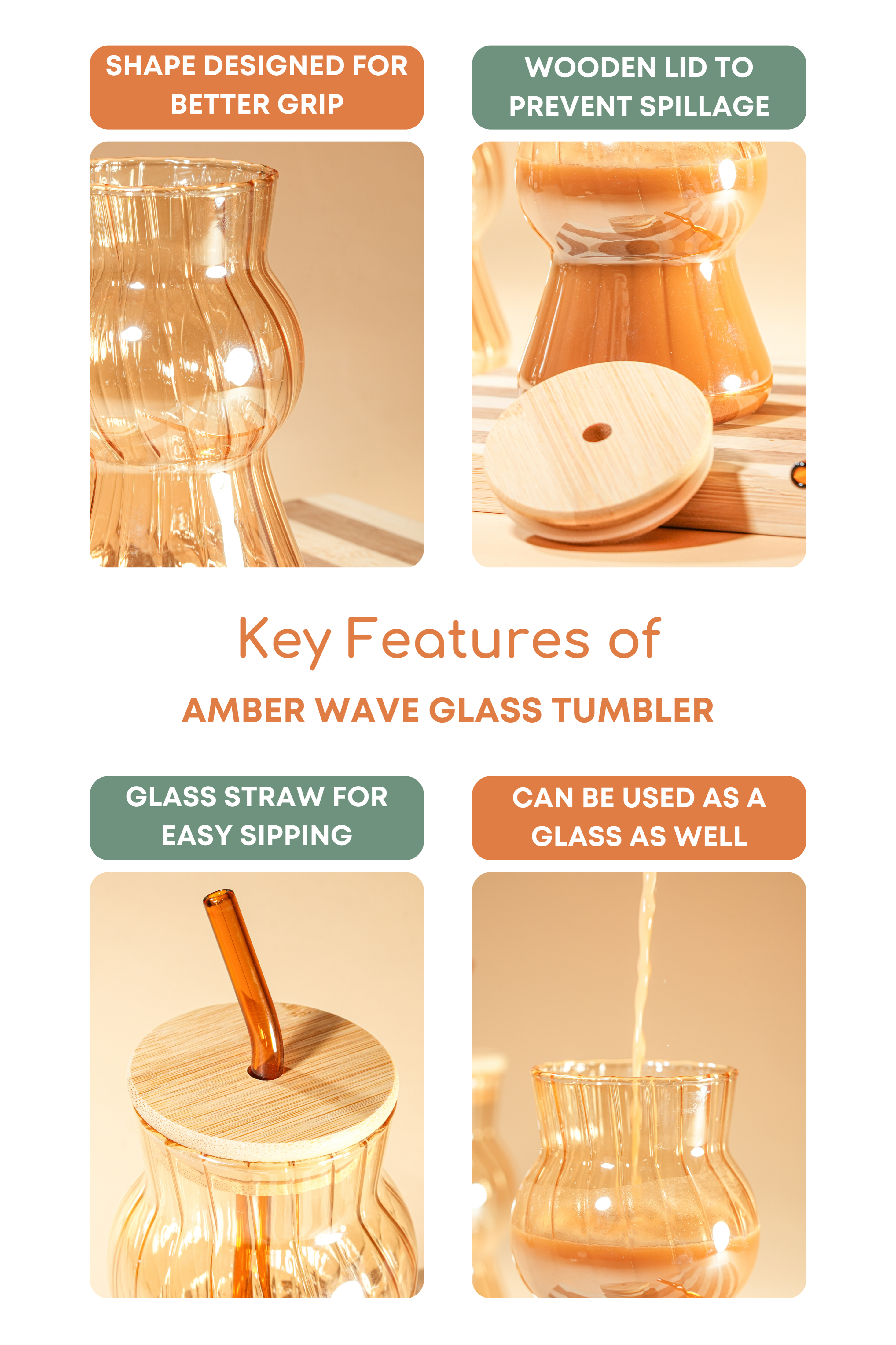 Amber Wave Glass Tumbler with Wooden Lid & Glass Straw Set of 2 (480ml)