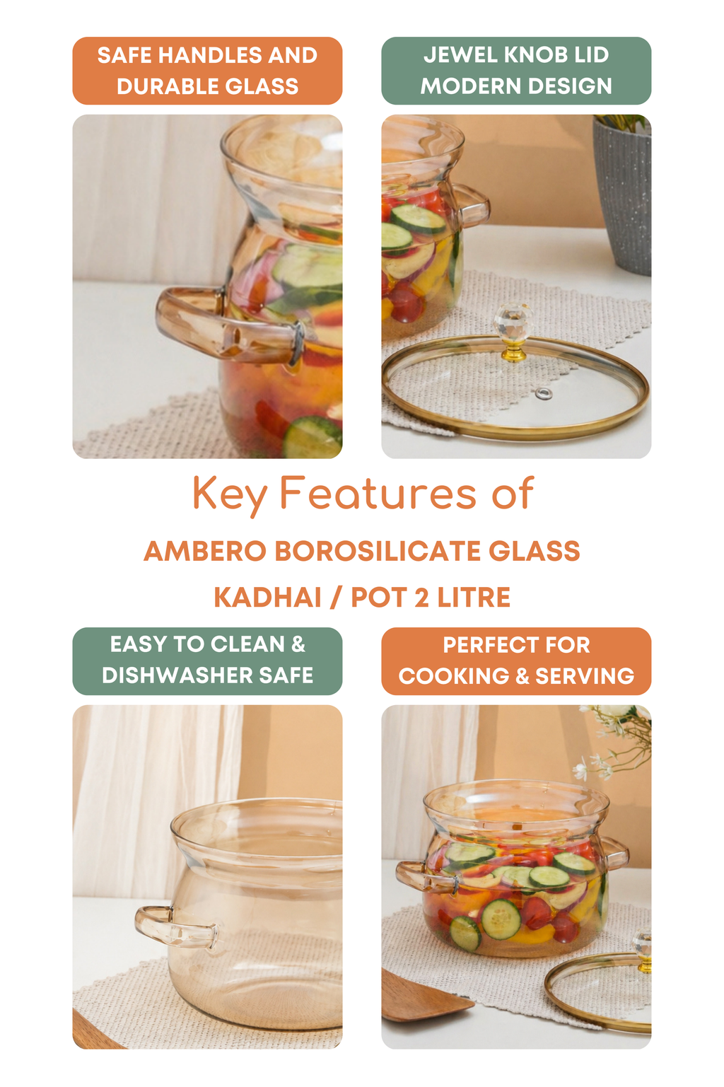 Ambero Borosilicate Glass Kadhai / Pot (2 Litre)