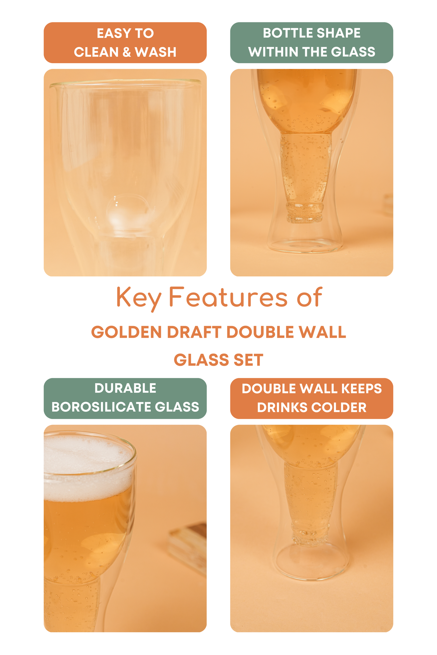 Golden Draft Double Wall Beer Glass Set of 2 (265ml)