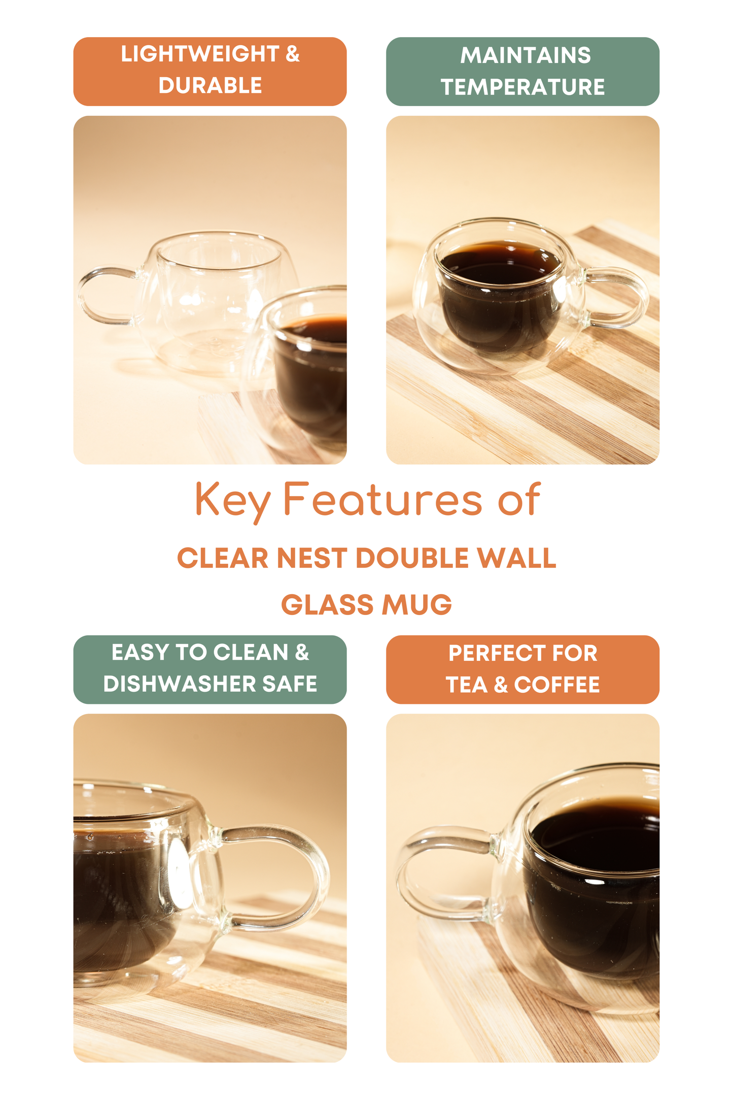 Clear Nest Double Wall Glass Mug Set of 2 (150ml)