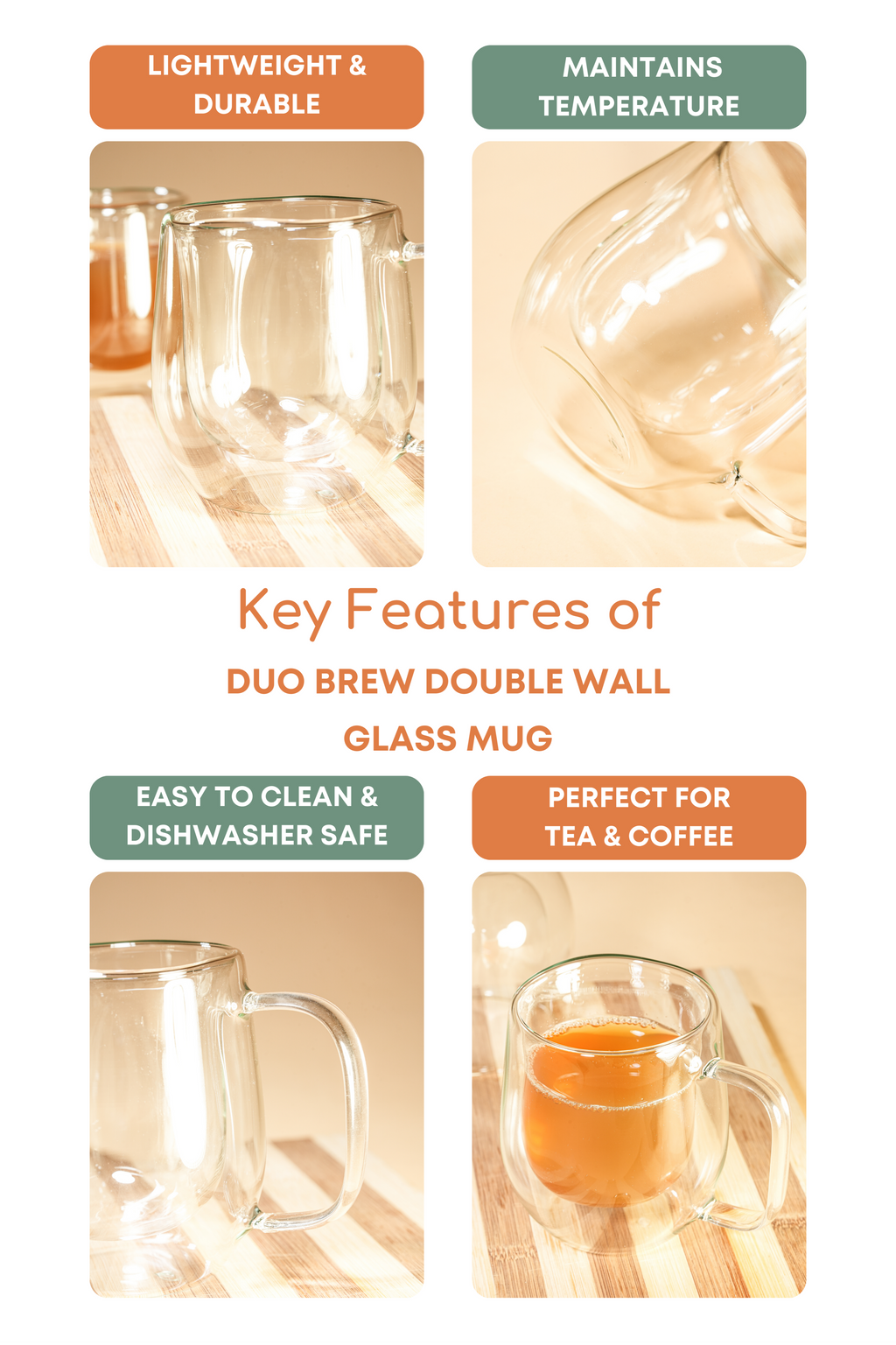 Duo Brew Double Wall Glass Mug Set of 2 (240ml)