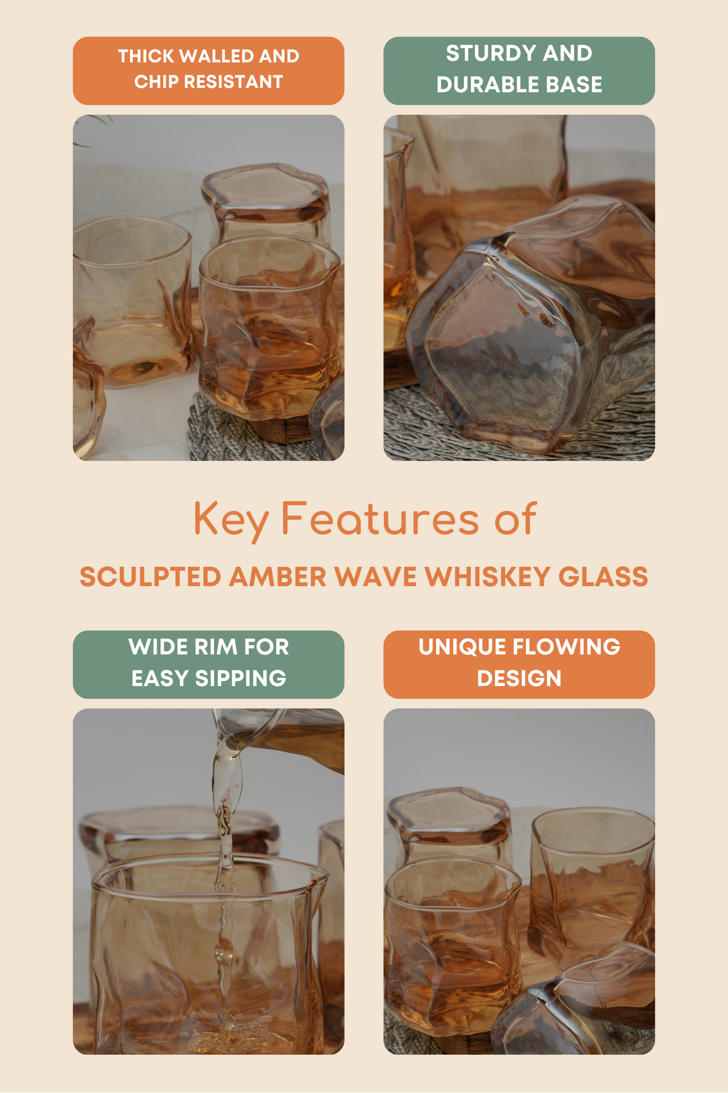 Sculpted Amber Wave Whiskey Glass Set of 6 (300ml)