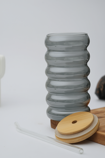Grey Hive Glass Tumbler with Wooden Lid & Glass Straw Set of 2 (540ml)