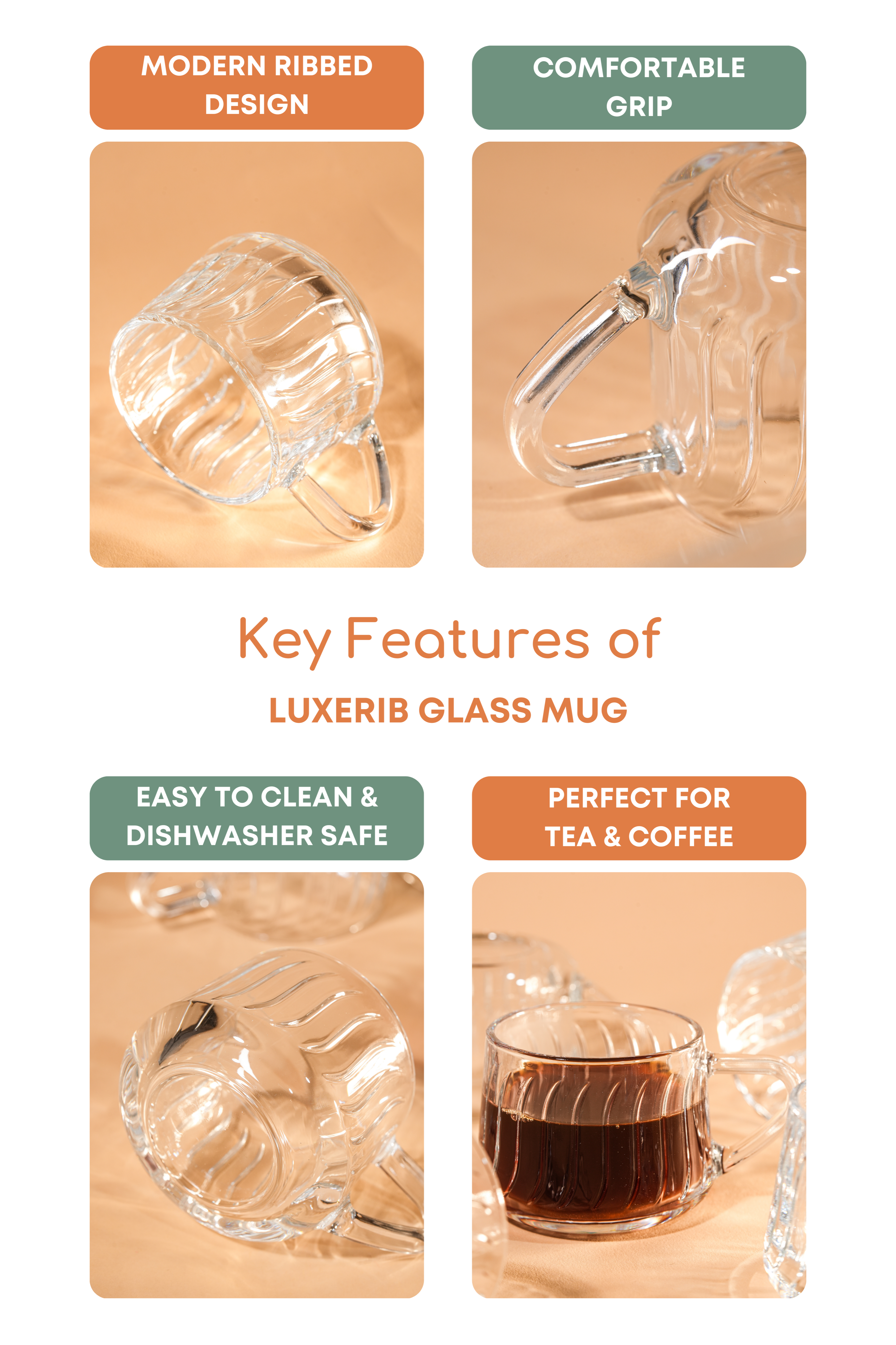LuxeRib Glass Mug Set of 6 (180ml)