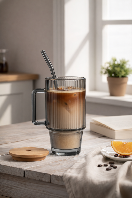 Stan Smoke Glass Tumbler with Wooden Lid & Glass Straw (750ml)