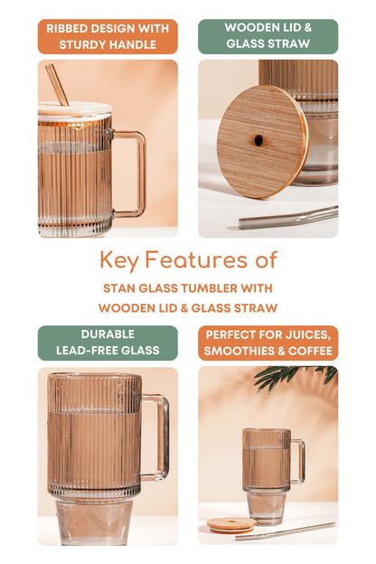 Stan Smoke Glass Tumbler with Wooden Lid & Glass Straw (750ml)