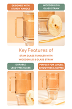 Stam Amber Glass Tumbler with Wooden Lid & Glass Straw (750ml)