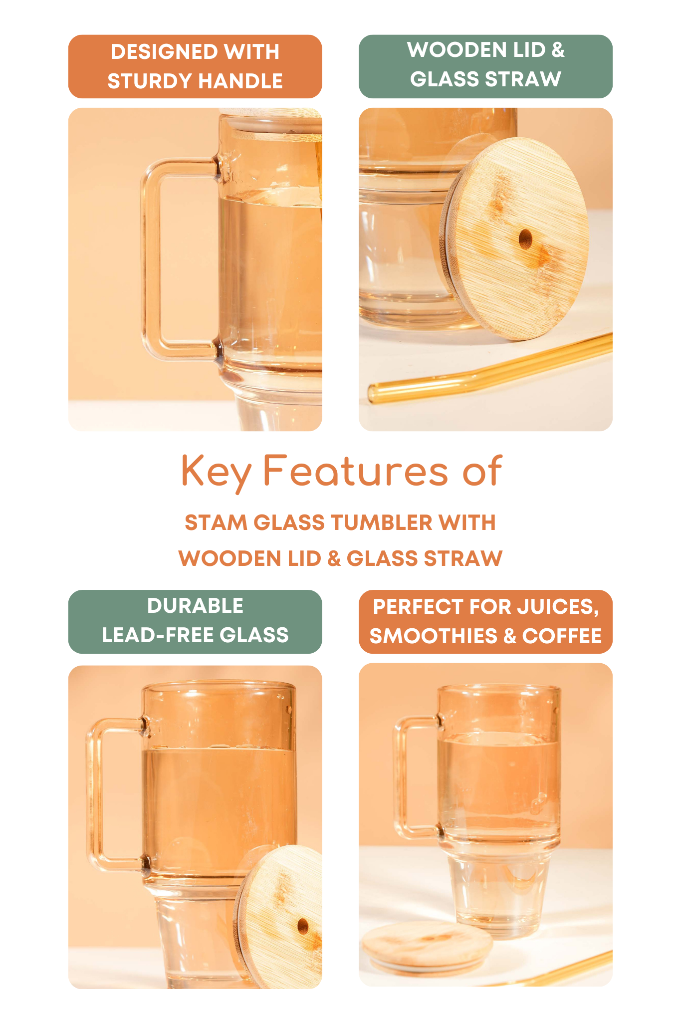 Stam Amber Glass Tumbler with Wooden Lid & Glass Straw (750ml)