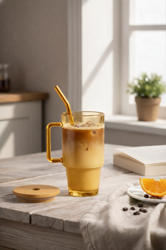 Stam Amber Glass Tumbler with Wooden Lid & Glass Straw (750ml)