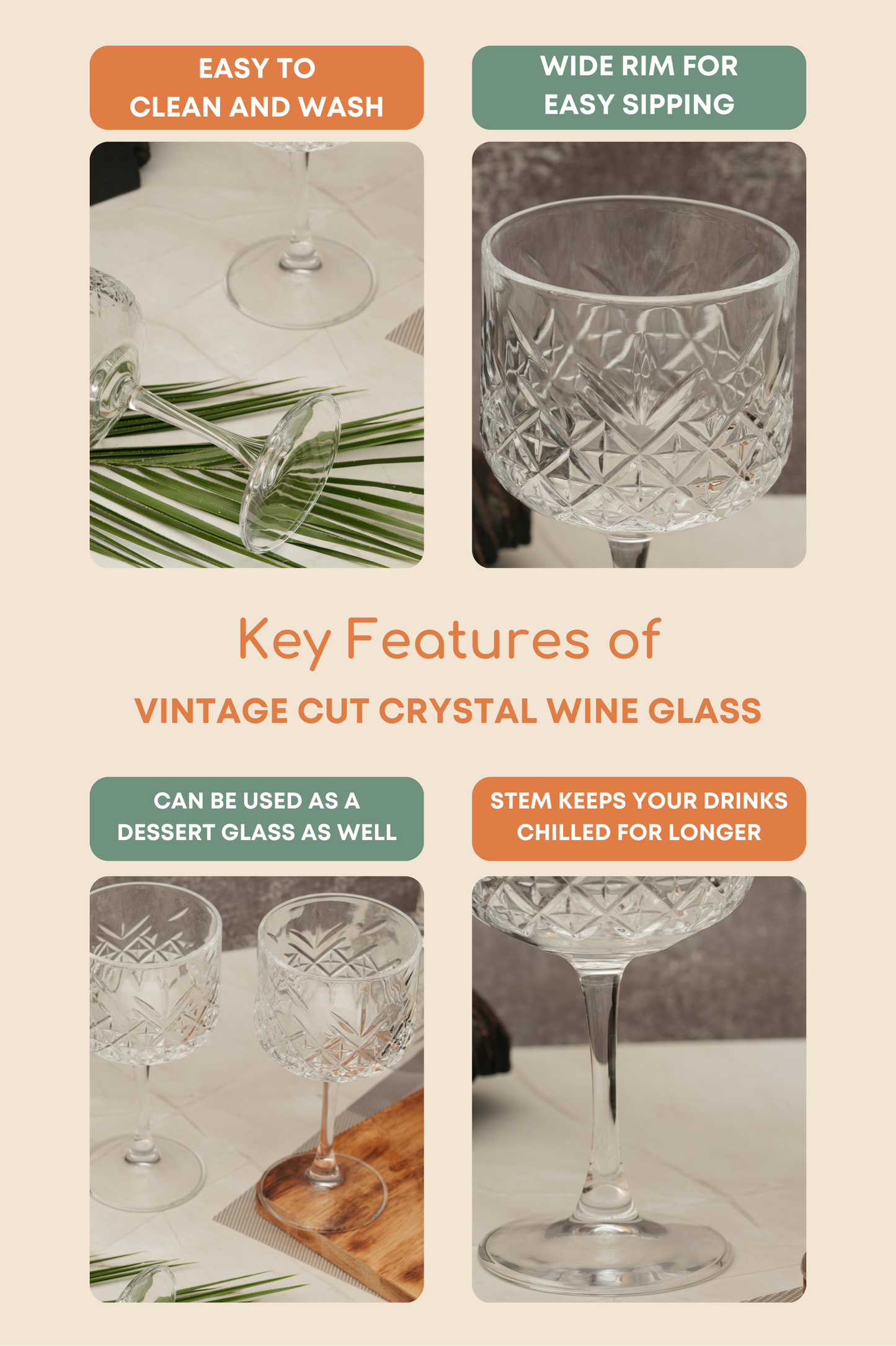 Vintage Cut Crystal Wine Glass Set of 4 (500ml)