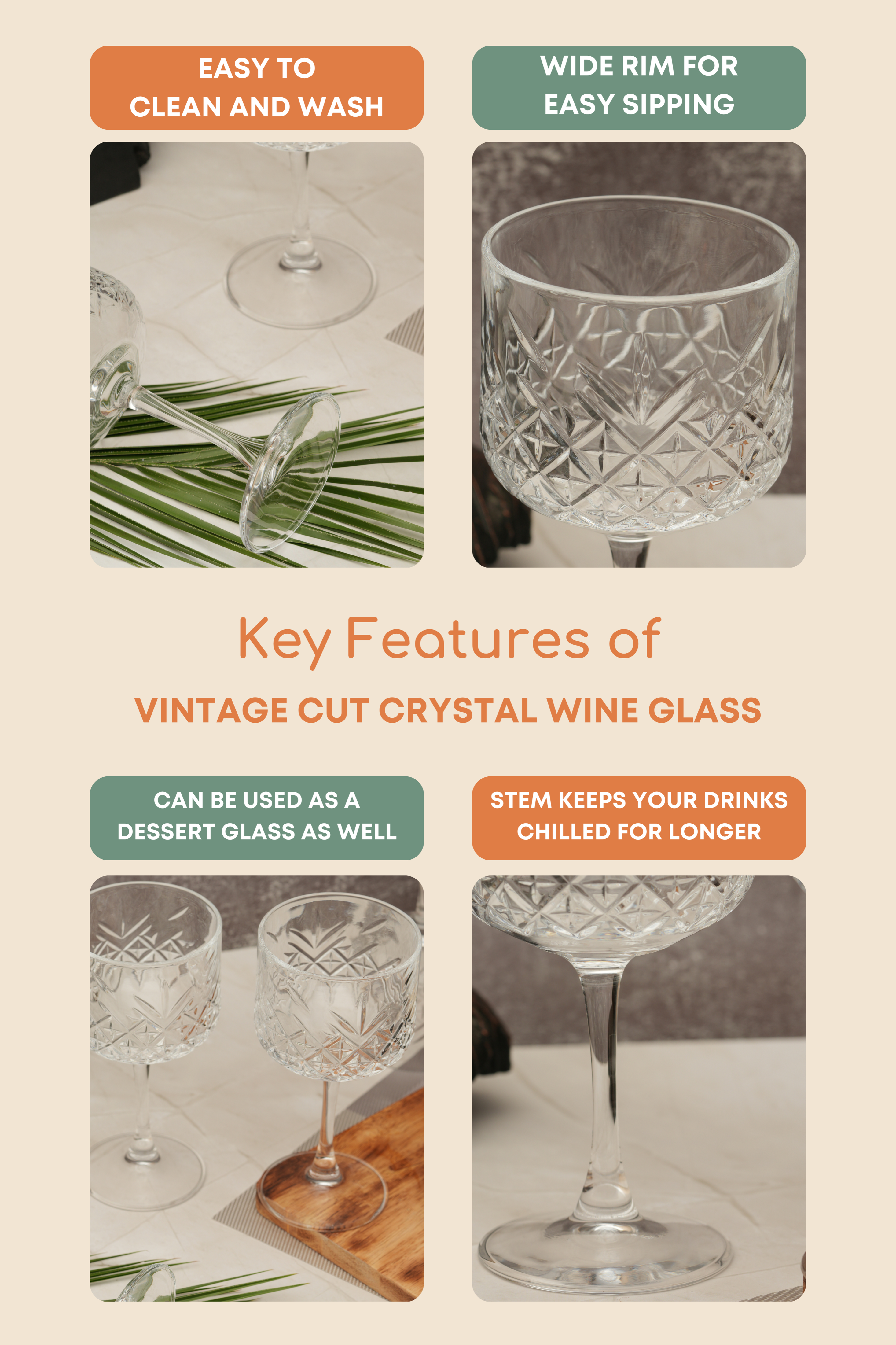 Vintage Cut Crystal Wine Glass Set of 4 (500ml)