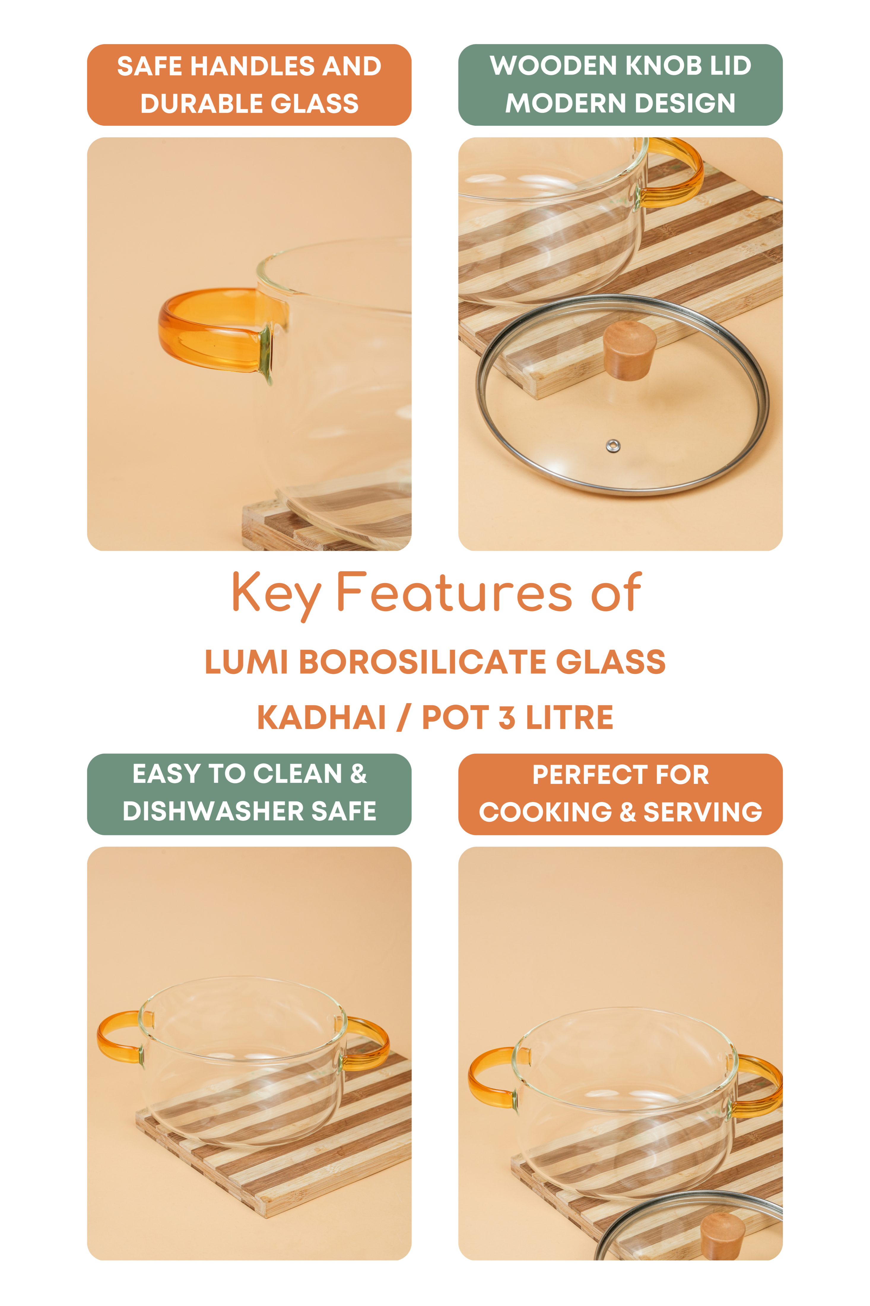 Lumi Borosilicate Glass Kadhai / Pot 3 Litre