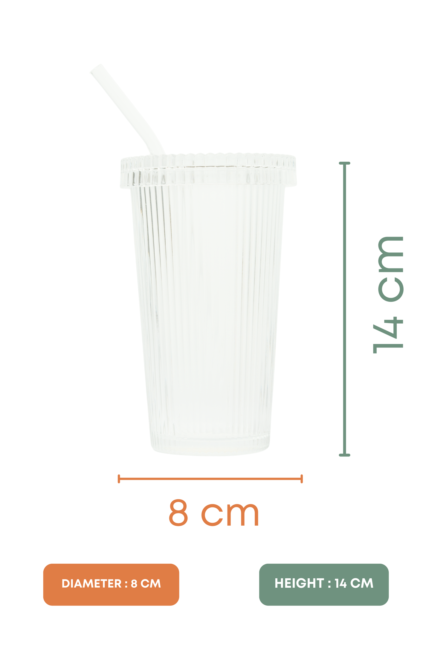 Rib Sip Glass Tumbler with Glass Lid & Glass Straw Set of 3 (380ml)