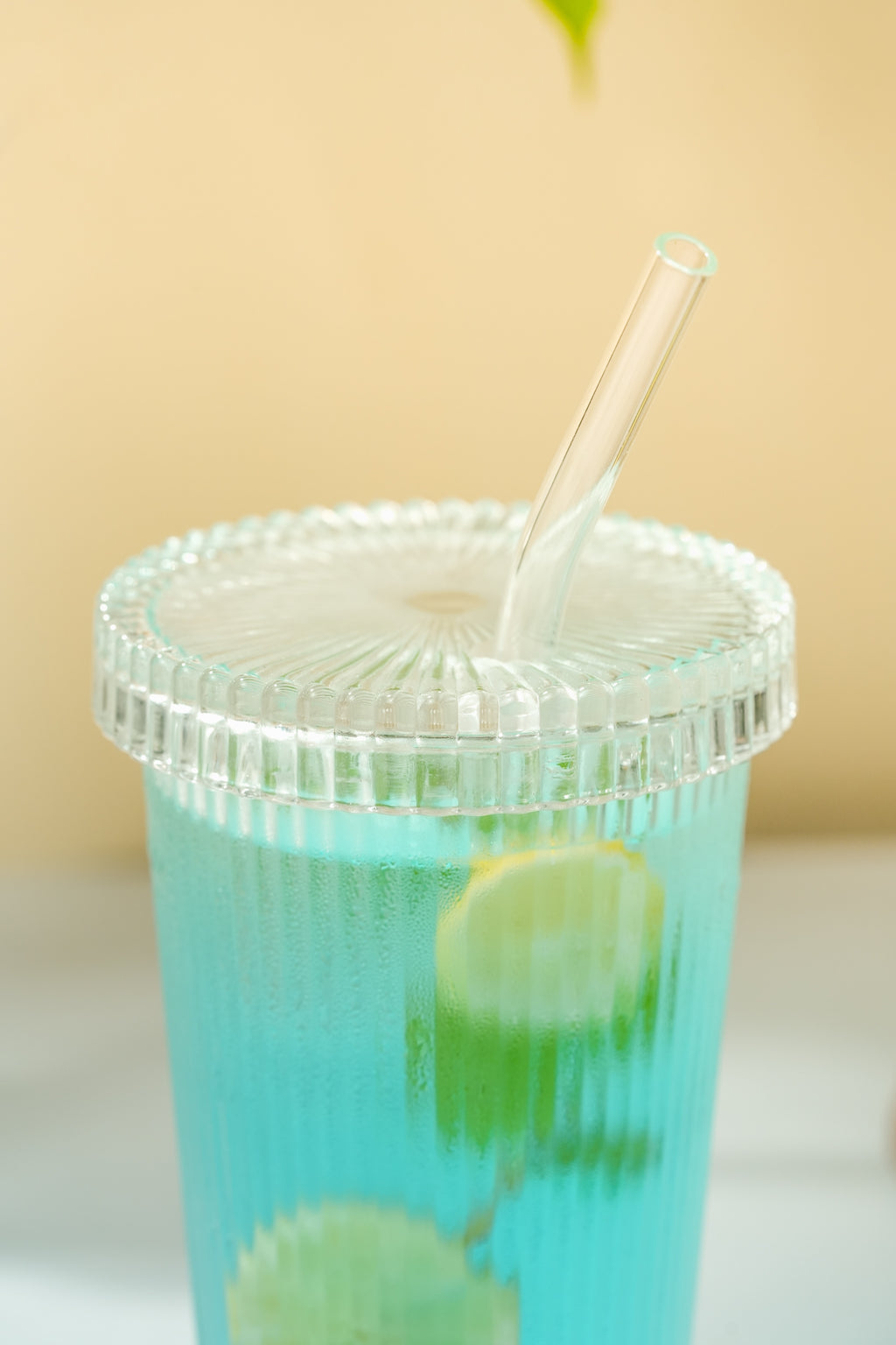 Rib Sip Glass Tumbler with Glass Lid & Glass Straw Set of 3 (380ml)