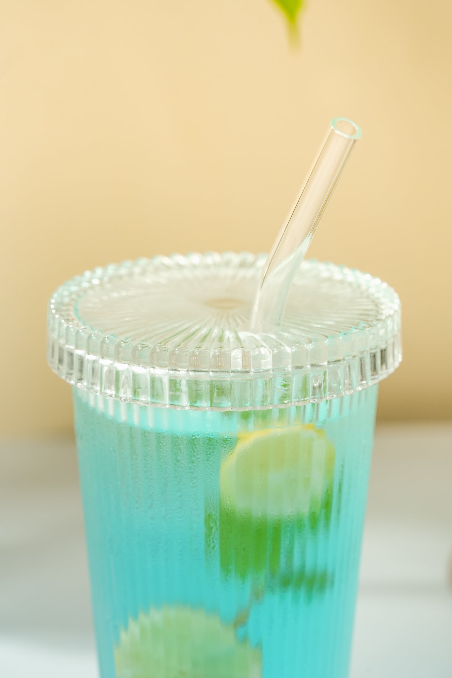 Rib Sip Glass Tumbler with Glass Lid & Glass Straw Set of 3 (380ml)