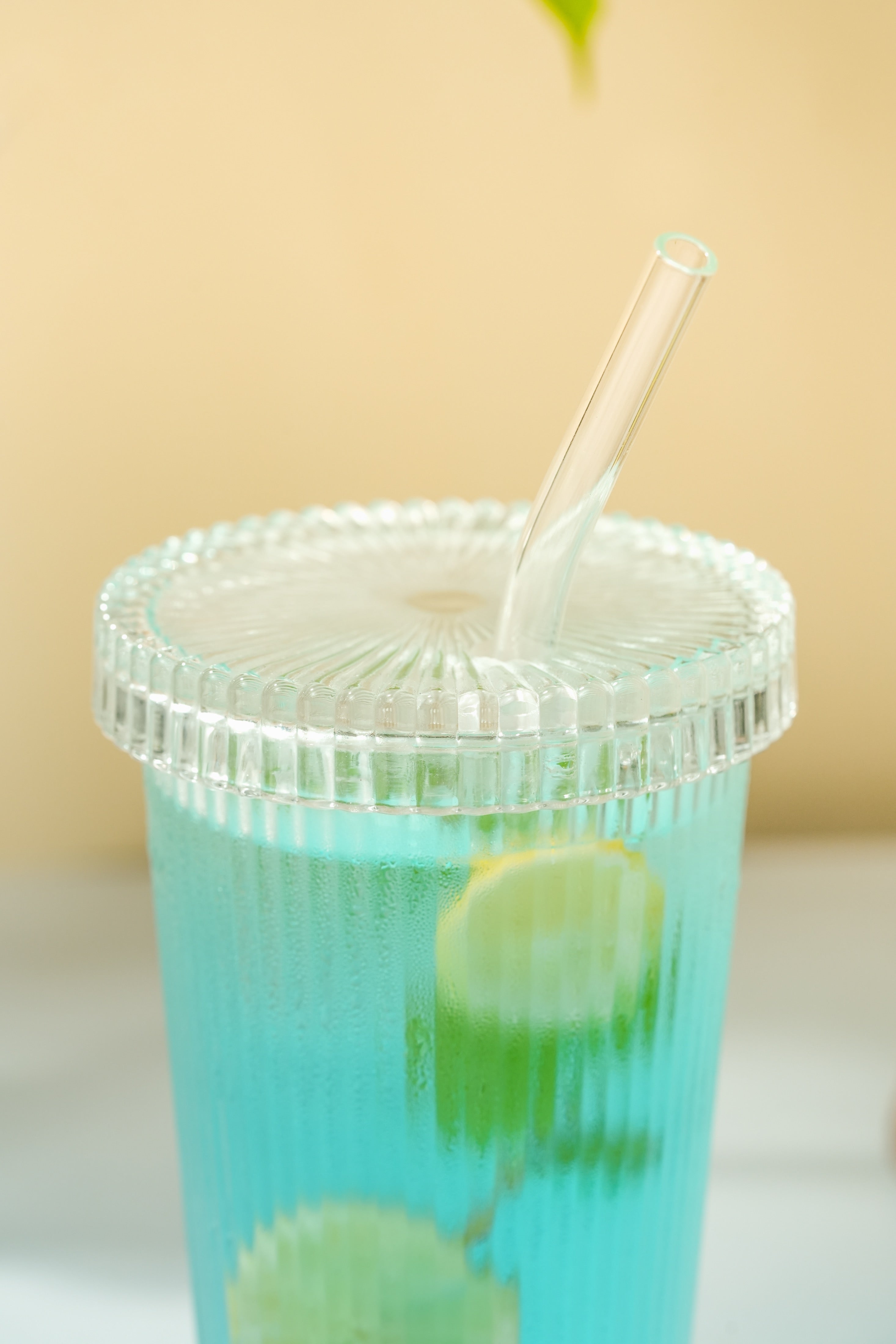 Rib Sip Glass Tumbler with Glass Lid & Glass Straw Set of 3 (380ml)