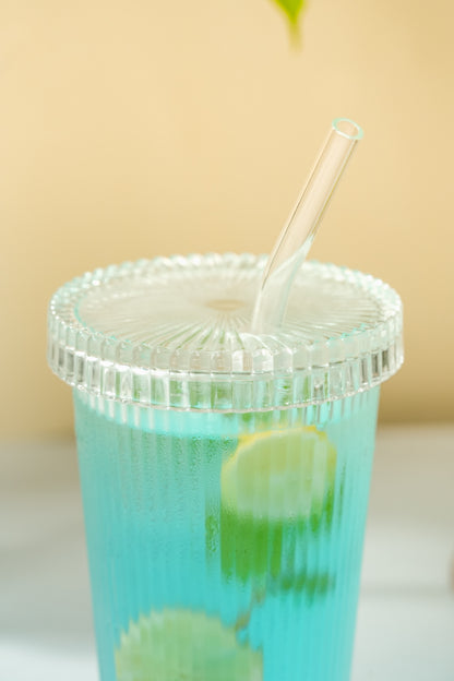Rib Sip Glass Tumbler with Glass Lid & Glass Straw Set of 3 (380ml)
