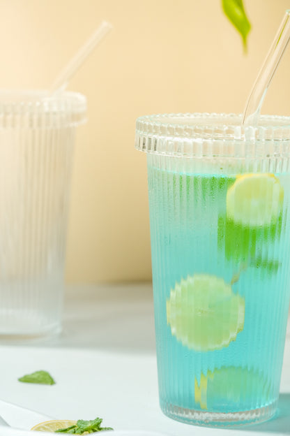 Rib Sip Glass Tumbler with Glass Lid & Glass Straw Set of 3 (380ml)