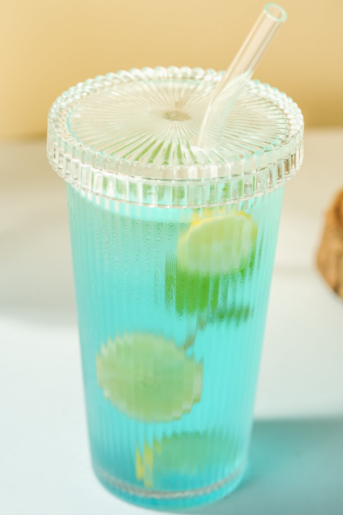 Rib Sip Glass Tumbler with Glass Lid & Glass Straw Set of 3 (380ml)