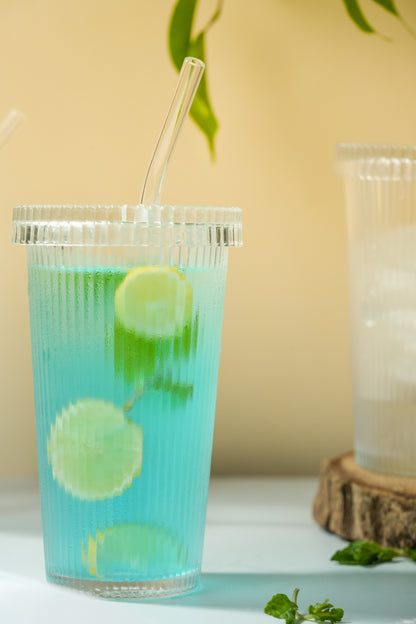 Rib Sip Glass Tumbler with Glass Lid & Glass Straw Set of 3 (380ml)