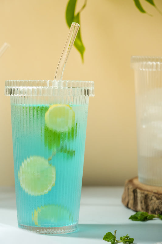 Rib Sip Glass Tumbler with Glass Lid & Glass Straw Set of 3 (380ml)