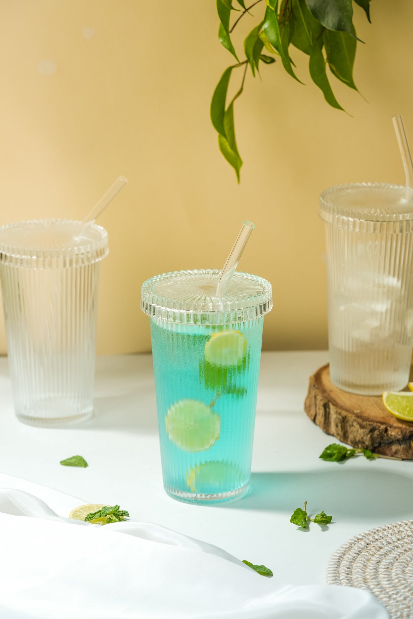 Rib Sip Glass Tumbler with Glass Lid & Glass Straw Set of 3 (380ml)