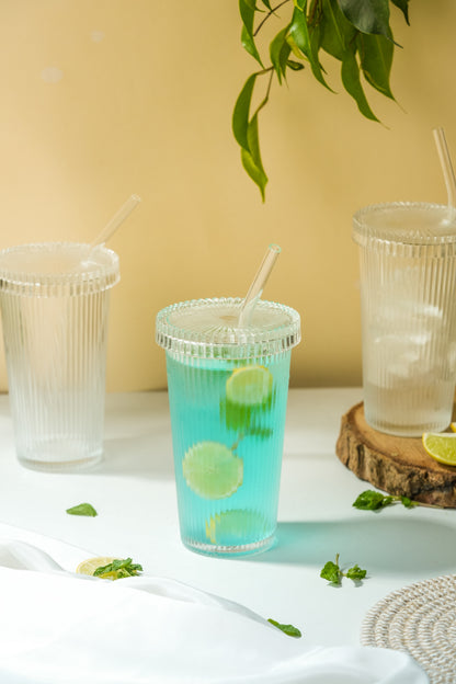 Rib Sip Glass Tumbler with Glass Lid & Glass Straw Set of 3 (380ml)