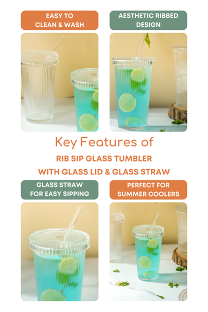 Rib Sip Glass Tumbler with Glass Lid & Glass Straw Set of 3 (380ml)