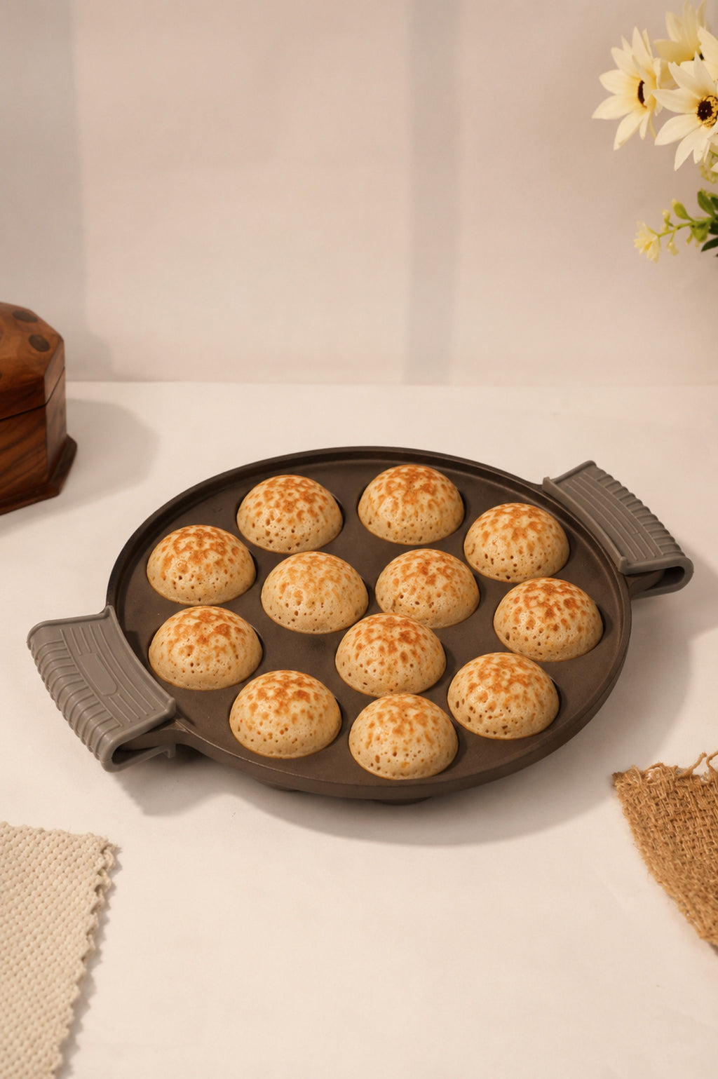 Cast Iron 12 Pit/Cup Kuzhi Paniyaram/Paddu Pan/Appe Maker 31 cm, Pre-seasoned, 100% Pure, Toxin-free, Gas & Induction