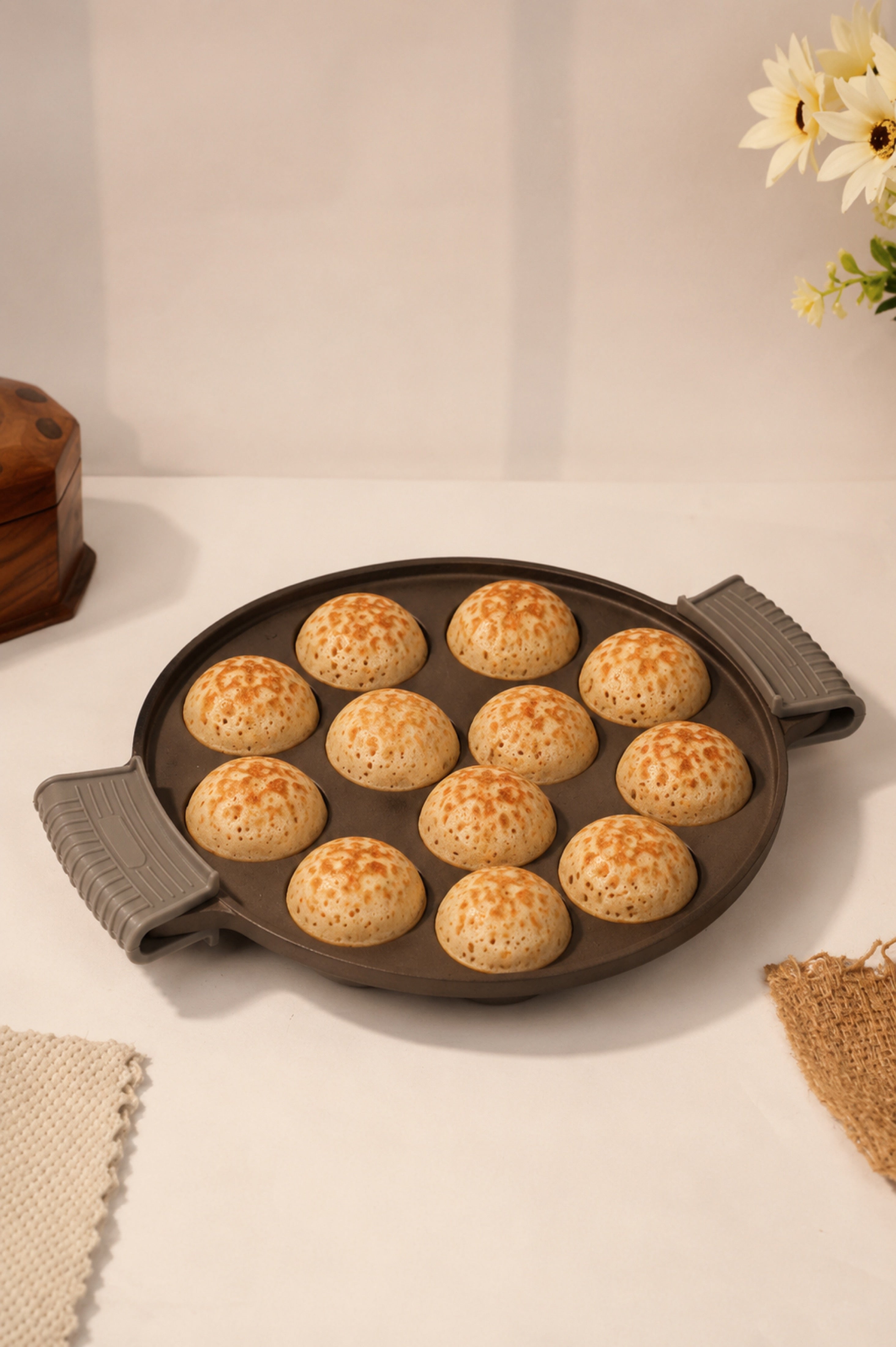 Cast Iron 12 Pit/Cup Kuzhi Paniyaram/Paddu Pan/Appe Maker 31 cm, Pre-seasoned, 100% Pure, Toxin-free, Gas & Induction
