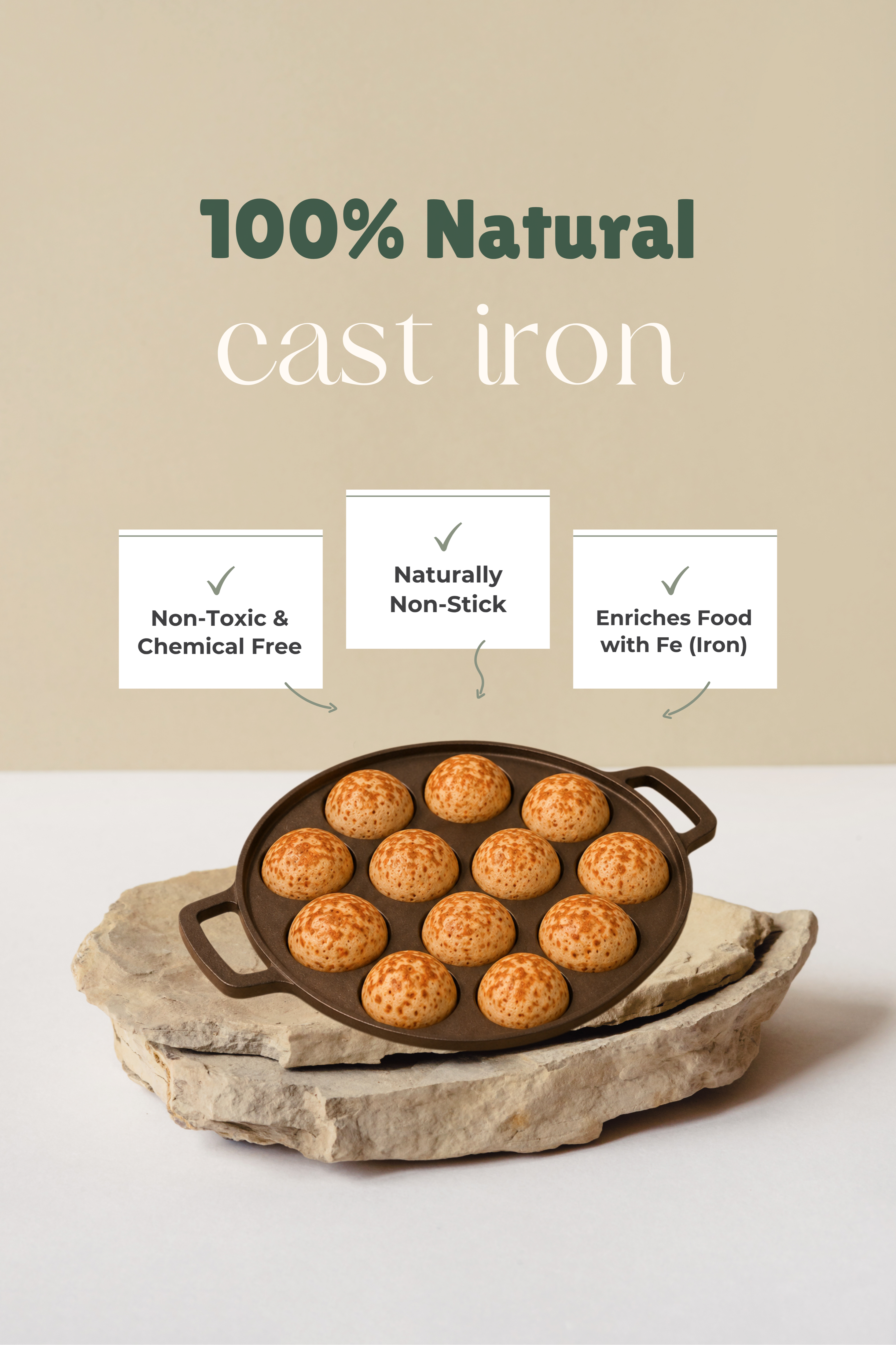 Cast Iron 12 Pit/Cup Kuzhi Paniyaram/Paddu Pan/Appe Maker 31 cm, Pre-seasoned, 100% Pure, Toxin-free, Gas & Induction