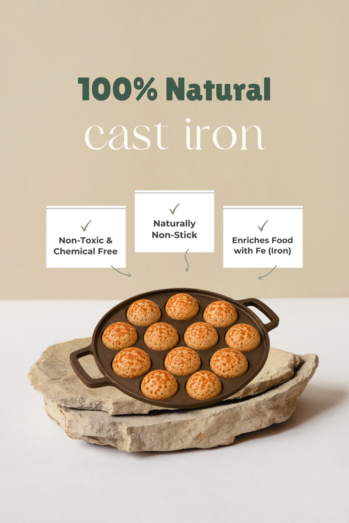 Cast Iron 12 Pit/Cup Kuzhi Paniyaram/Paddu Pan/Appe Maker 31 cm, Pre-seasoned, 100% Pure, Toxin-free, Gas & Induction