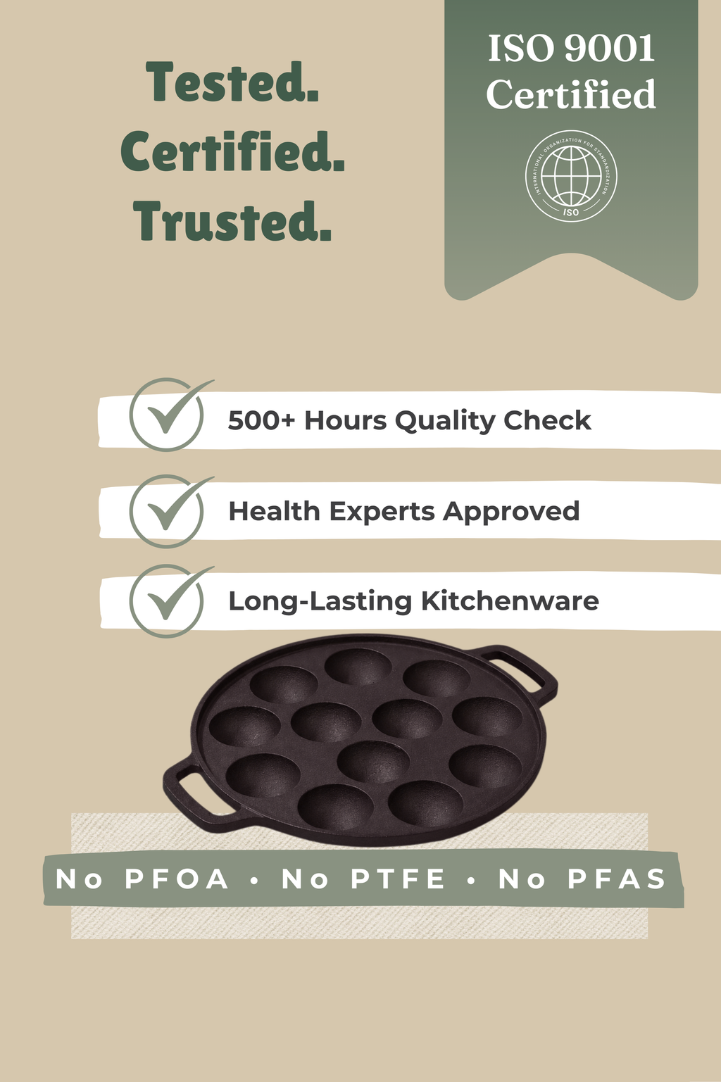 Cast Iron 12 Pit/Cup Kuzhi Paniyaram/Paddu Pan/Appe Maker 31 cm, Pre-seasoned, 100% Pure, Toxin-free, Gas & Induction