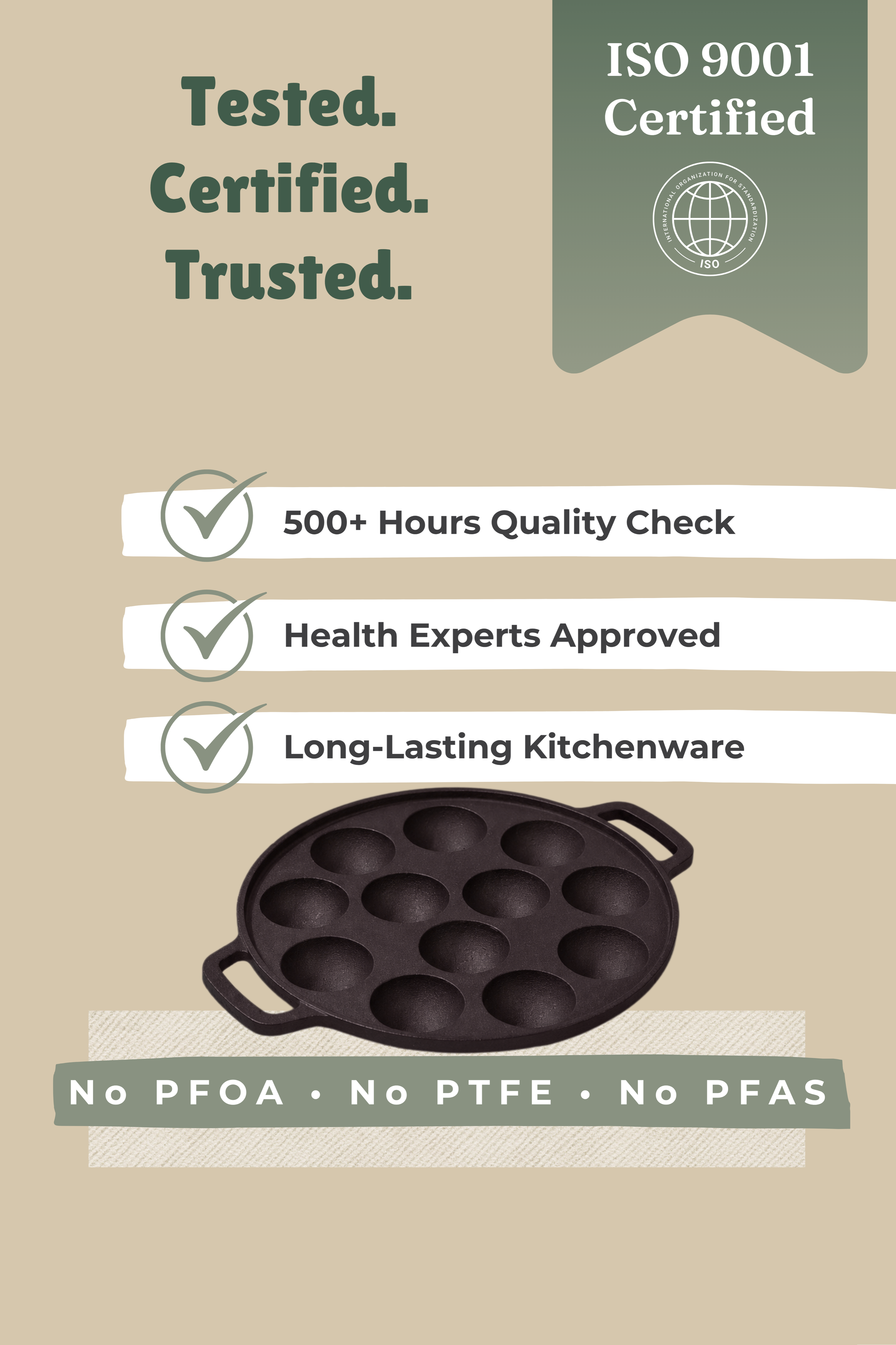 Cast Iron 12 Pit/Cup Kuzhi Paniyaram/Paddu Pan/Appe Maker 31 cm, Pre-seasoned, 100% Pure, Toxin-free, Gas & Induction