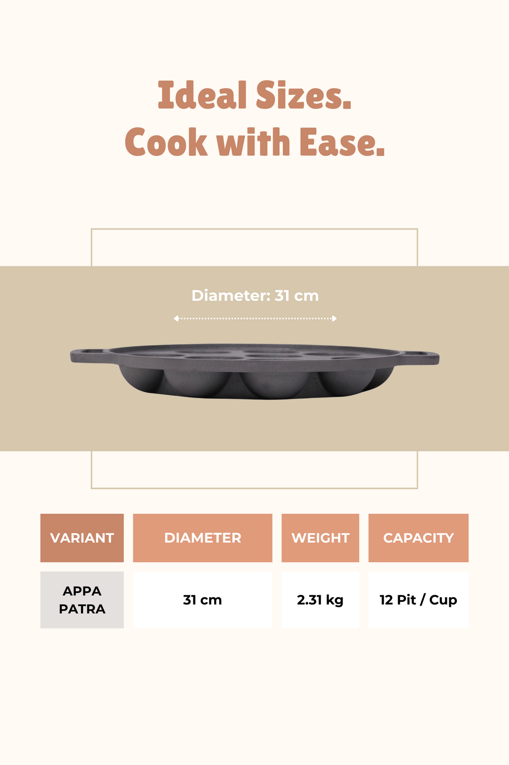 Cast Iron 12 Pit/Cup Kuzhi Paniyaram/Paddu Pan/Appe Maker 31 cm, Pre-seasoned, 100% Pure, Toxin-free, Gas & Induction