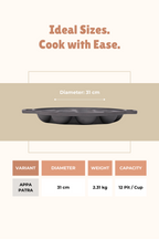 Cast Iron 12 Pit/Cup Kuzhi Paniyaram/Paddu Pan/Appe Maker 31 cm, Pre-seasoned, 100% Pure, Toxin-free, Gas & Induction